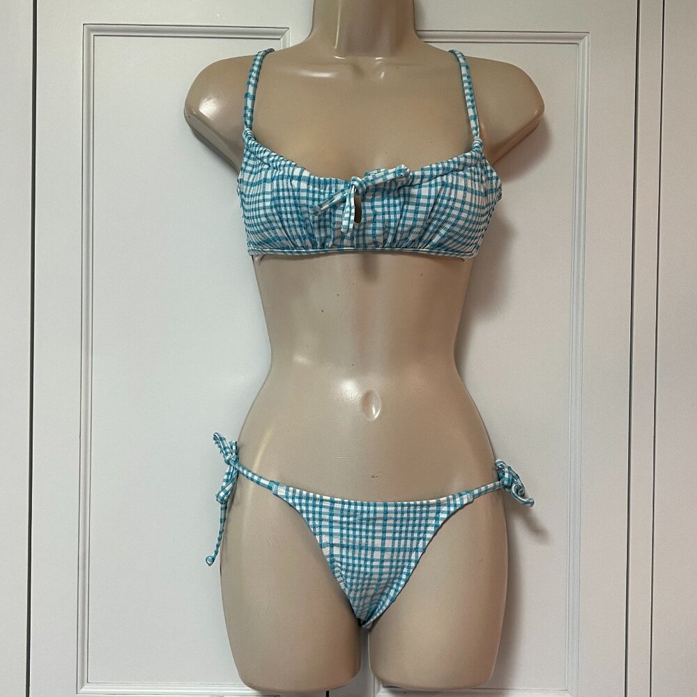 Xhilaration Juniors' White/Blue Gingham Print Bikini Top and Bottom